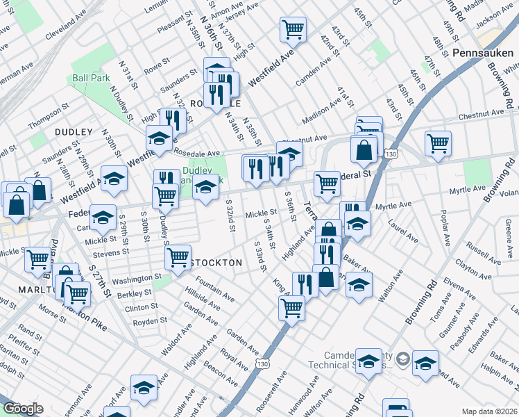map of restaurants, bars, coffee shops, grocery stores, and more near 3313 Mickle Street in Camden