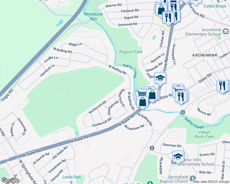 map of restaurants, bars, coffee shops, grocery stores, and more near 458 Northcroft Road in Springfield