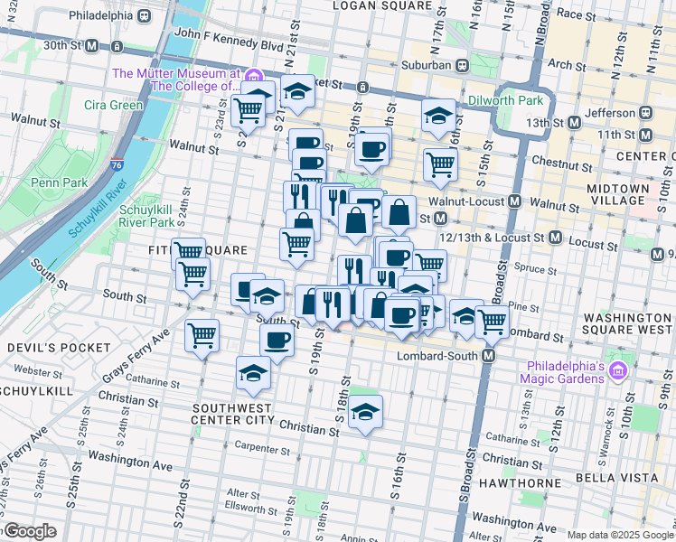 map of restaurants, bars, coffee shops, grocery stores, and more near 1826 Pine Street in Philadelphia