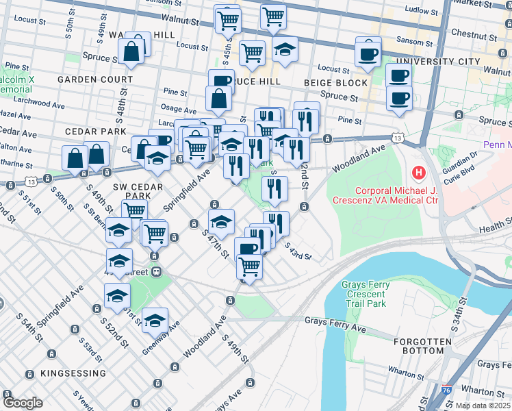 map of restaurants, bars, coffee shops, grocery stores, and more near Kingsessing Ave & S 45th St in Philadelphia