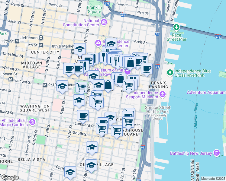 map of restaurants, bars, coffee shops, grocery stores, and more near 211 South 4th Street in Philadelphia