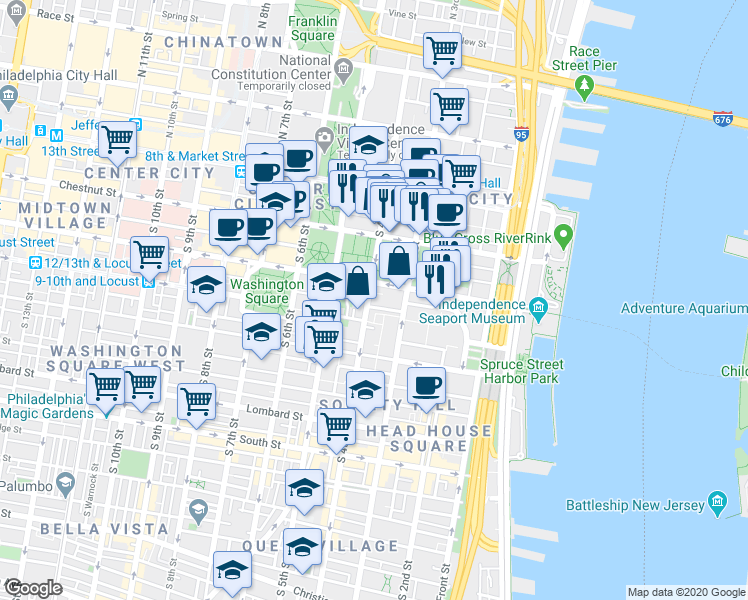 map of restaurants, bars, coffee shops, grocery stores, and more near 211 South 4th Street in Philadelphia