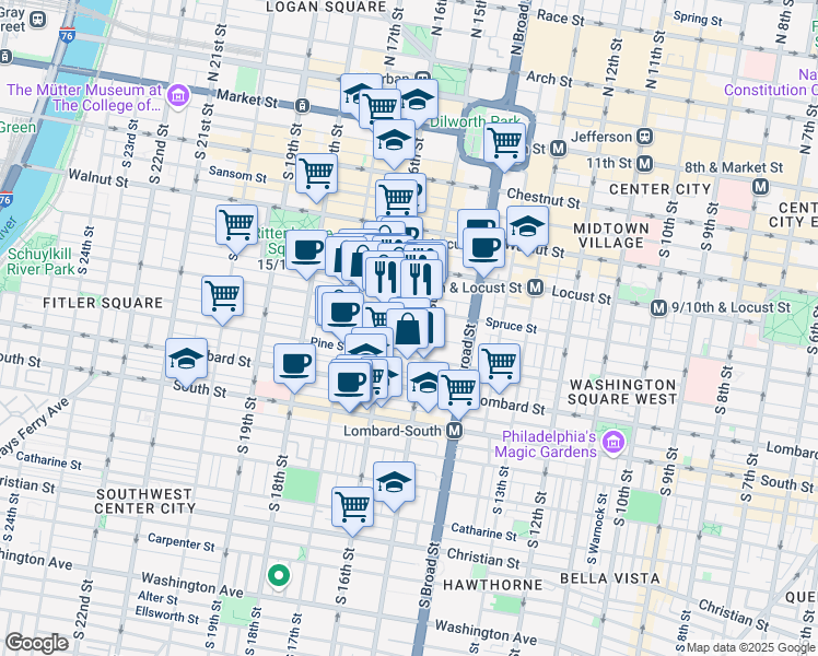 map of restaurants, bars, coffee shops, grocery stores, and more near 325 South 16th Street in Philadelphia