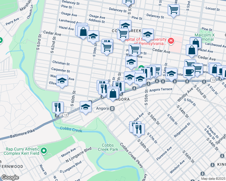 map of restaurants, bars, coffee shops, grocery stores, and more near 921 South Alden Street in Philadelphia