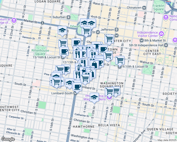 map of restaurants, bars, coffee shops, grocery stores, and more near 1310 Spruce Street in Philadelphia