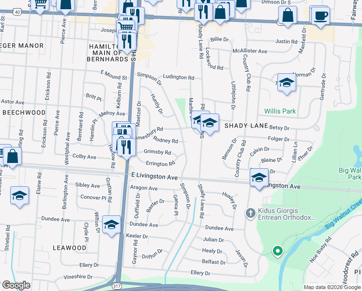 map of restaurants, bars, coffee shops, grocery stores, and more near 1399 Simpson Drive in Columbus