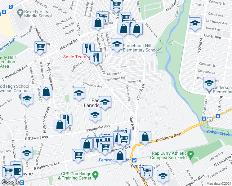 map of restaurants, bars, coffee shops, grocery stores, and more near 7151 Stockley Avenue in Upper Darby