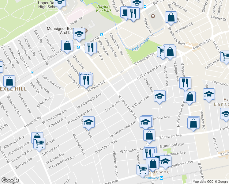 map of restaurants, bars, coffee shops, grocery stores, and more near 9 West Plumstead Avenue in Lansdowne