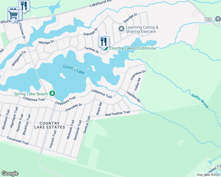 map of restaurants, bars, coffee shops, grocery stores, and more near 6 Cardinal Drive in Browns Mills