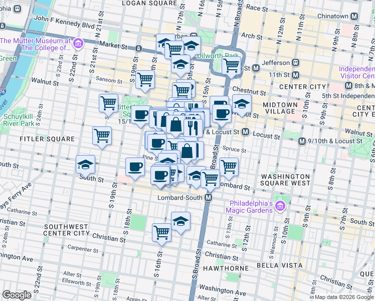 map of restaurants, bars, coffee shops, grocery stores, and more near 325 South 16th Street in Philadelphia