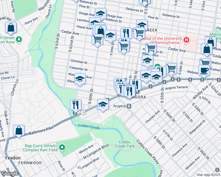 map of restaurants, bars, coffee shops, grocery stores, and more near 5845 Ellsworth Street in Philadelphia