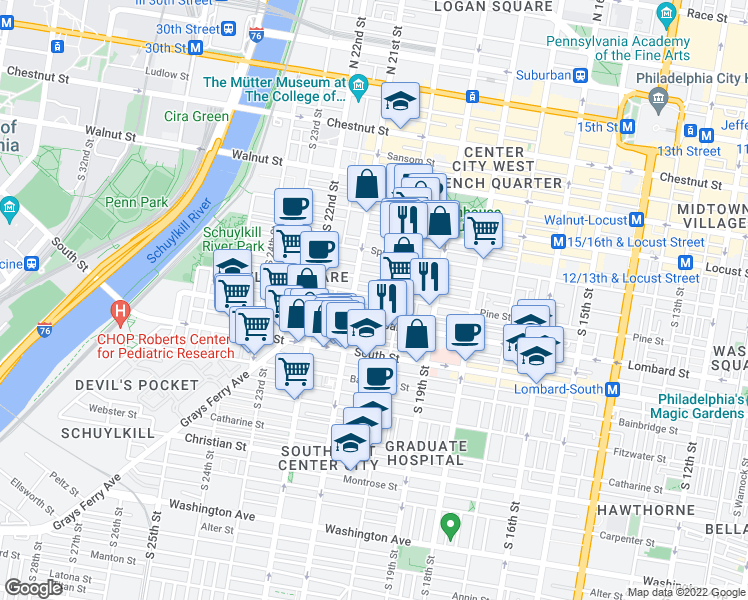 map of restaurants, bars, coffee shops, grocery stores, and more near 2028 Pine Street in Philadelphia