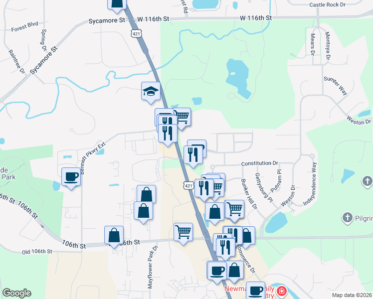 map of restaurants, bars, coffee shops, grocery stores, and more near 10925 North Michigan Road in Zionsville