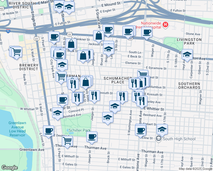 map of restaurants, bars, coffee shops, grocery stores, and more near 802 Ebner Street in Columbus