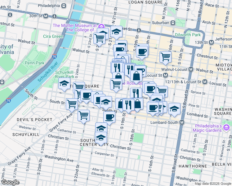 map of restaurants, bars, coffee shops, grocery stores, and more near S 20th St & Pine St in Philadelphia