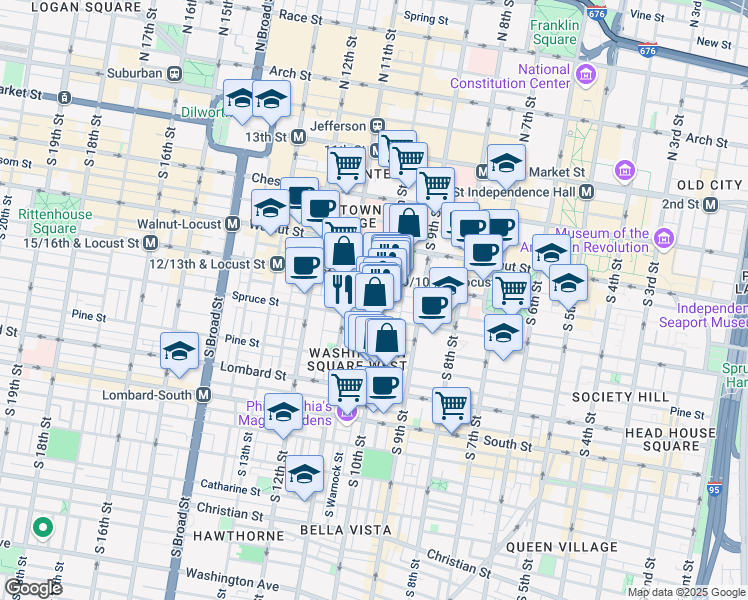 map of restaurants, bars, coffee shops, grocery stores, and more near 258 South Alder Street in Philadelphia