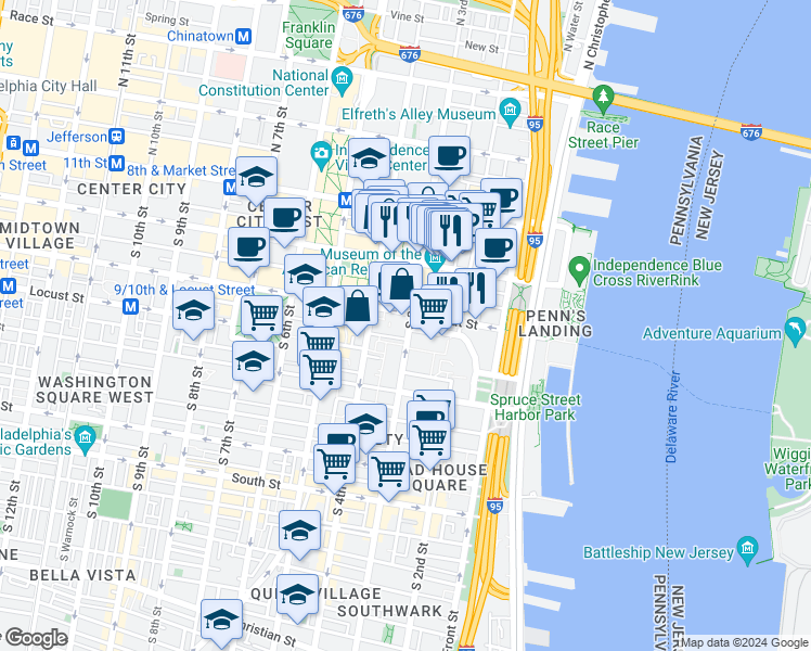 map of restaurants, bars, coffee shops, grocery stores, and more near 210 South 3rd Street in Philadelphia