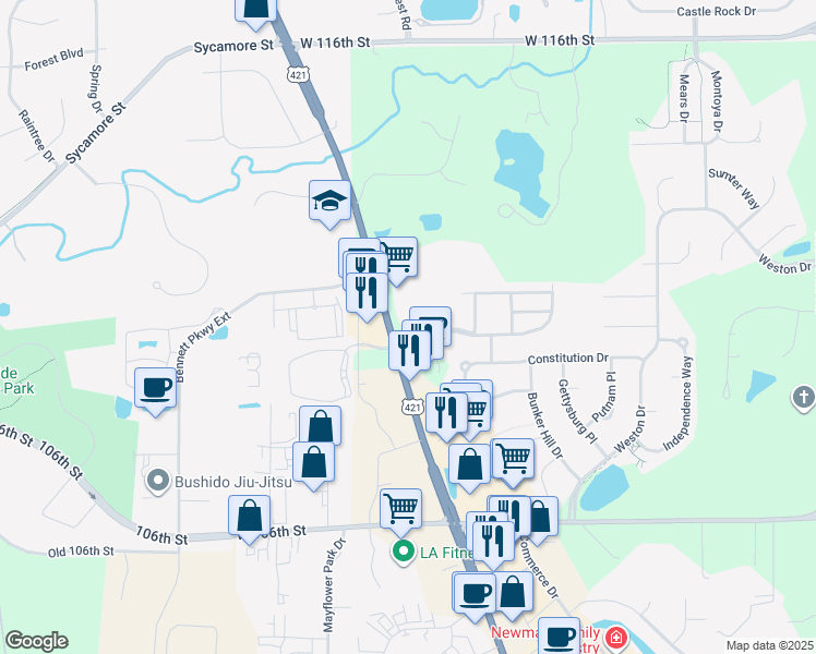 map of restaurants, bars, coffee shops, grocery stores, and more near 10925 North Michigan Road in Zionsville
