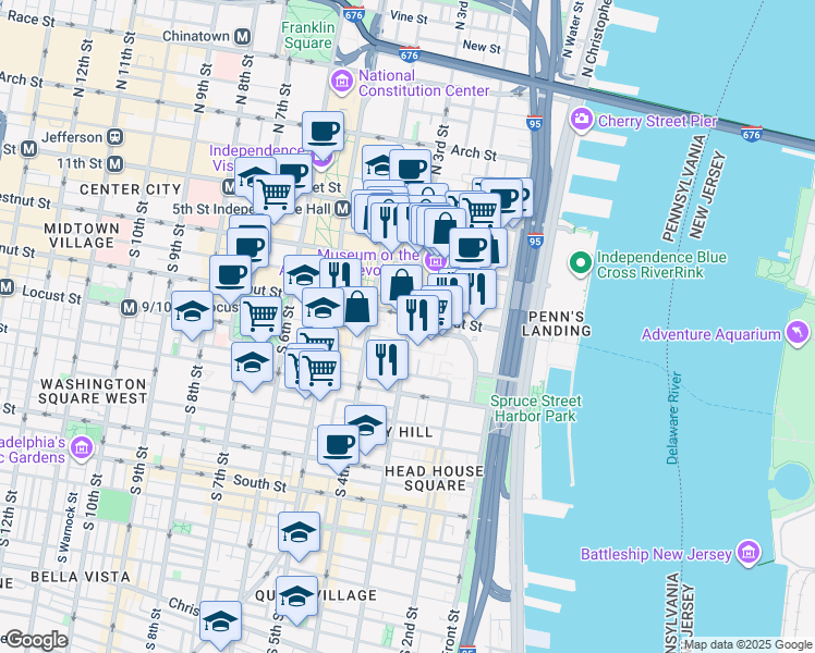 map of restaurants, bars, coffee shops, grocery stores, and more near 210 South 3rd Street in Philadelphia