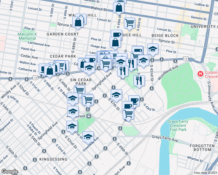 map of restaurants, bars, coffee shops, grocery stores, and more near 4610 Chester Avenue in Philadelphia