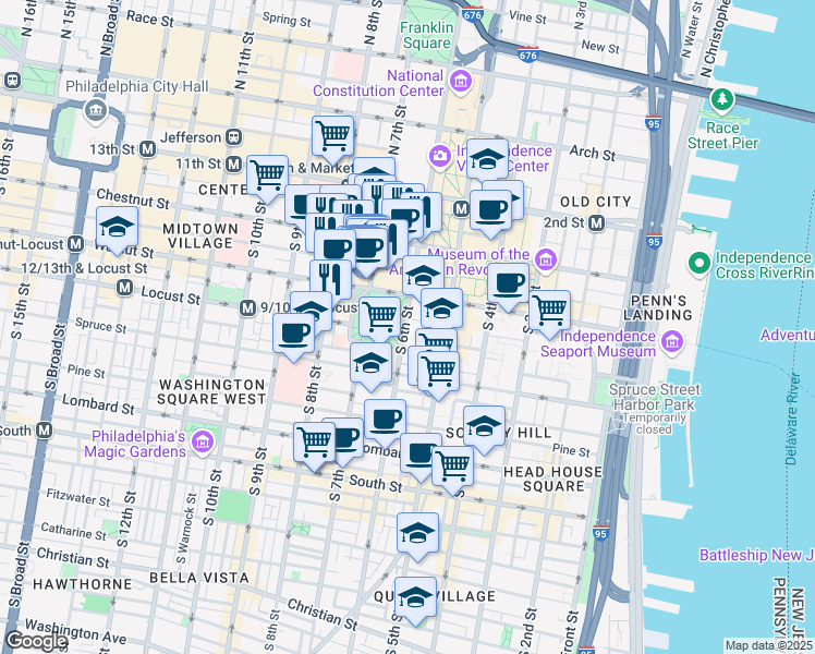 map of restaurants, bars, coffee shops, grocery stores, and more near 223 South 6th Street in Philadelphia