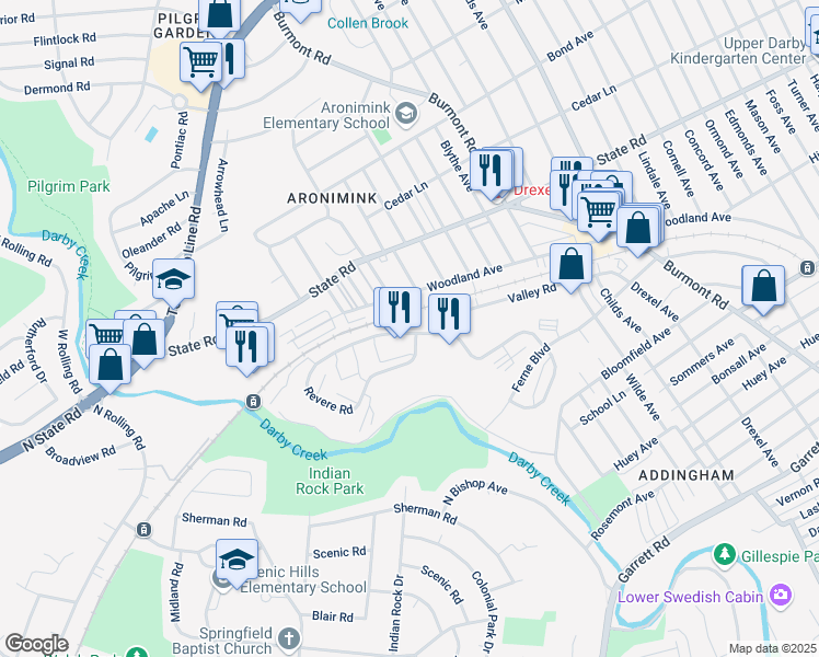 map of restaurants, bars, coffee shops, grocery stores, and more near 28 Drexelbrook Drive in Drexel Hill