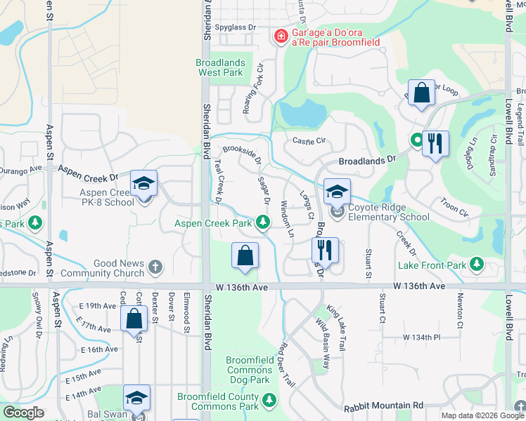 map of restaurants, bars, coffee shops, grocery stores, and more near 4835 Blue Heron Court in Broomfield