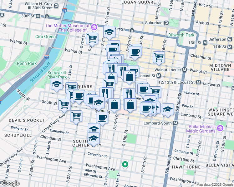 map of restaurants, bars, coffee shops, grocery stores, and more near 1909 Pine Street in Philadelphia