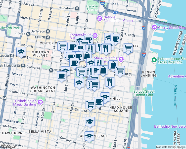 map of restaurants, bars, coffee shops, grocery stores, and more near 33 Saint James Court in Philadelphia