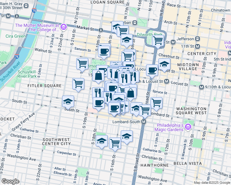map of restaurants, bars, coffee shops, grocery stores, and more near 323 South 17th Street in Philadelphia