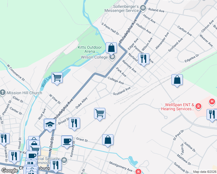 map of restaurants, bars, coffee shops, grocery stores, and more near 220 Kenwood Road in Chambersburg