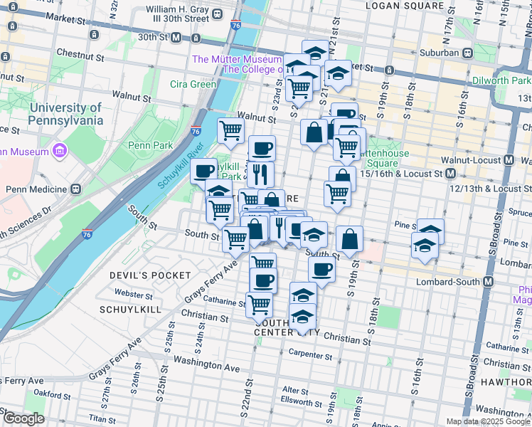 map of restaurants, bars, coffee shops, grocery stores, and more near 404 South Croskey Street in Philadelphia