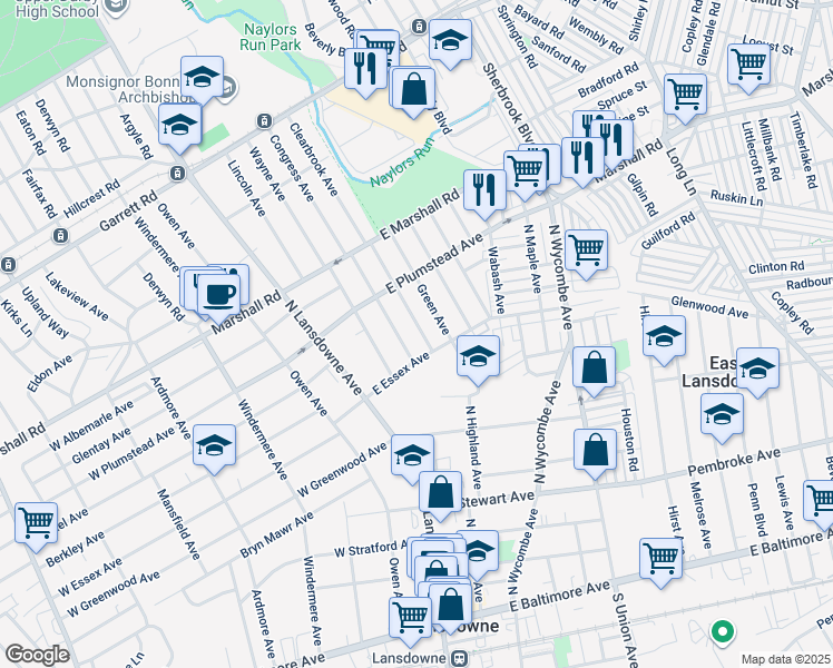map of restaurants, bars, coffee shops, grocery stores, and more near 222 North Highland Avenue in Lansdowne