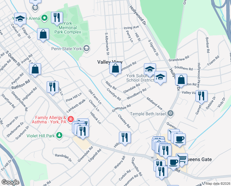 map of restaurants, bars, coffee shops, grocery stores, and more near 1612 Crestlyn Road in York