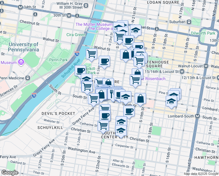 map of restaurants, bars, coffee shops, grocery stores, and more near in Philadelphia