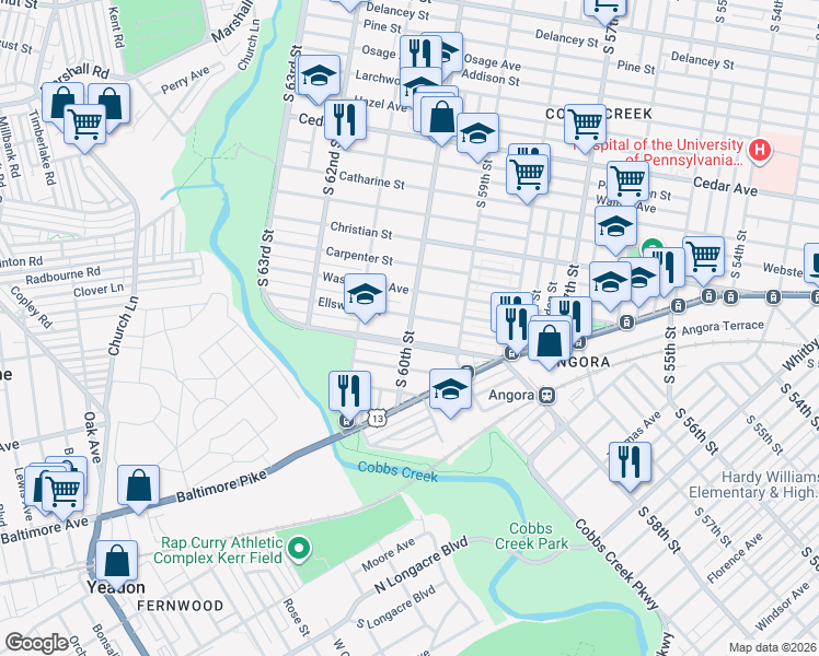 map of restaurants, bars, coffee shops, grocery stores, and more near 6008 Cobbs Creek Parkway in Philadelphia