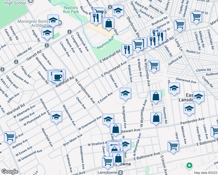 map of restaurants, bars, coffee shops, grocery stores, and more near 222 North Highland Avenue in Lansdowne