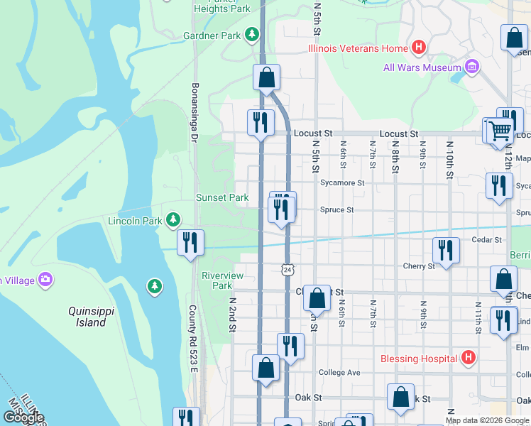 map of restaurants, bars, coffee shops, grocery stores, and more near 1214 North 3rd Street in Quincy