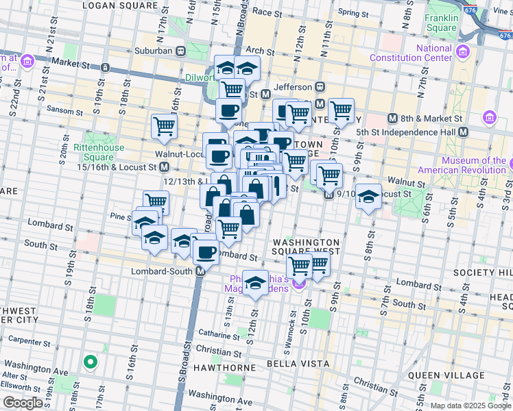 map of restaurants, bars, coffee shops, grocery stores, and more near 1223 Spruce Street in Philadelphia