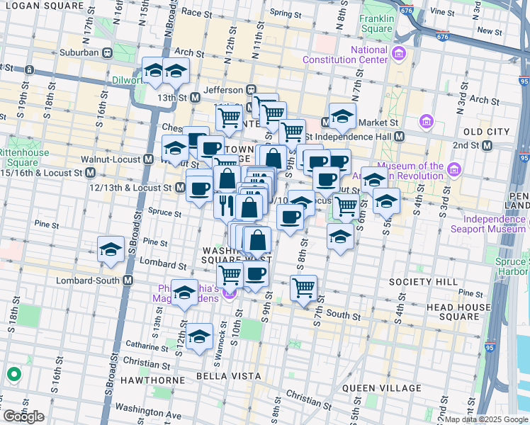 map of restaurants, bars, coffee shops, grocery stores, and more near 217 South Delhi Street in Philadelphia