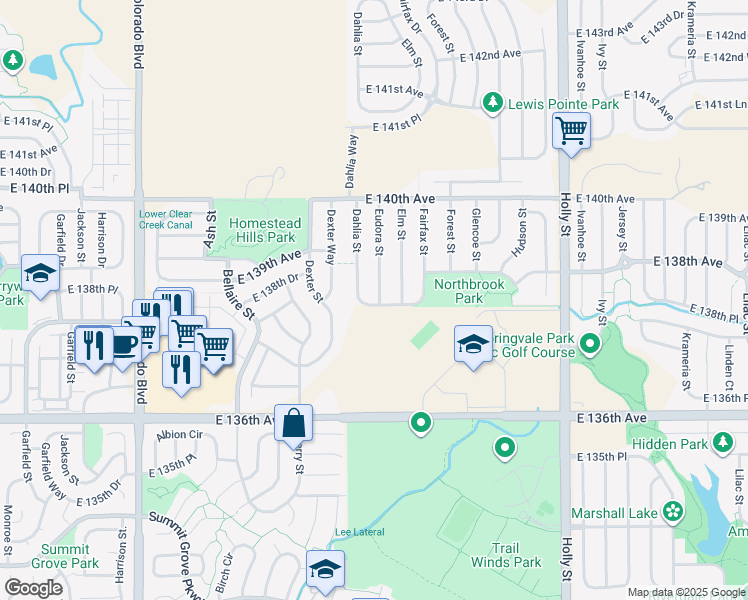 map of restaurants, bars, coffee shops, grocery stores, and more near 13804 Eudora Street in Thornton