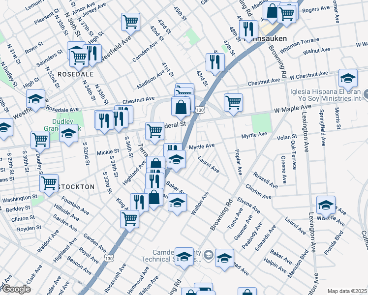 map of restaurants, bars, coffee shops, grocery stores, and more near 4602 South Crescent Boulevard in Pennsauken Township