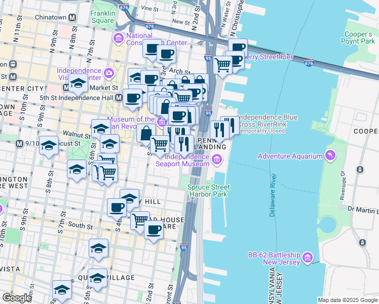 map of restaurants, bars, coffee shops, grocery stores, and more near 18 Walnut Street in Philadelphia