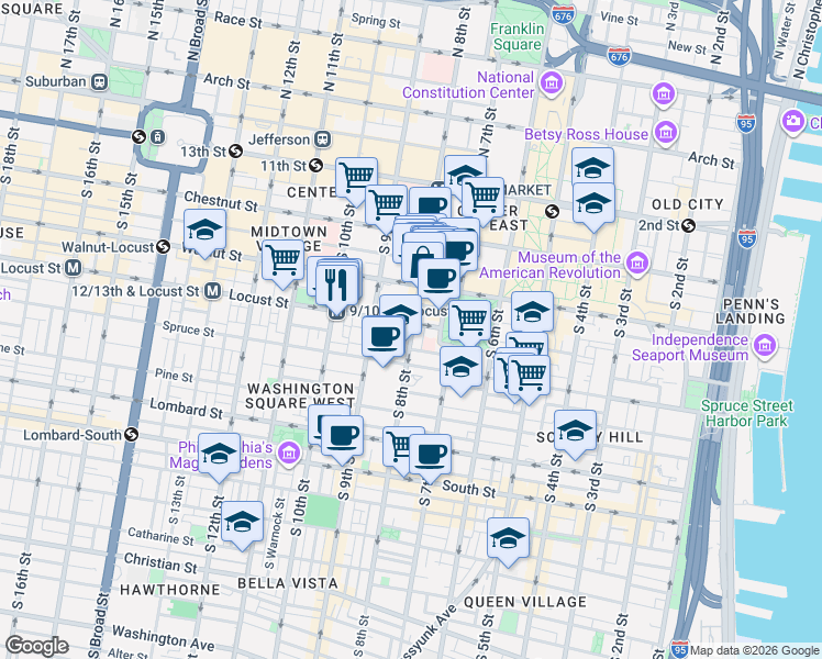 map of restaurants, bars, coffee shops, grocery stores, and more near 253 South 8th Street in Philadelphia