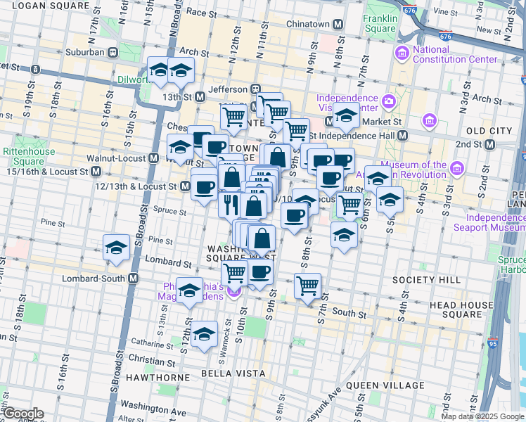 map of restaurants, bars, coffee shops, grocery stores, and more near in Philadelphia