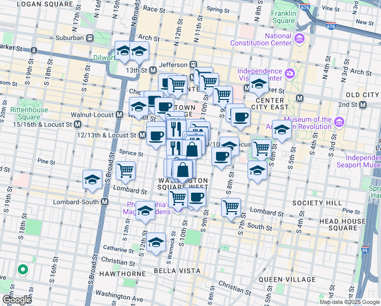 map of restaurants, bars, coffee shops, grocery stores, and more near 1029 Spruce Street in Philadelphia