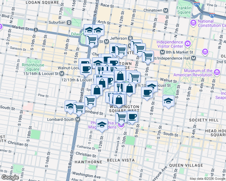 map of restaurants, bars, coffee shops, grocery stores, and more near 1102 Manning Street in Philadelphia