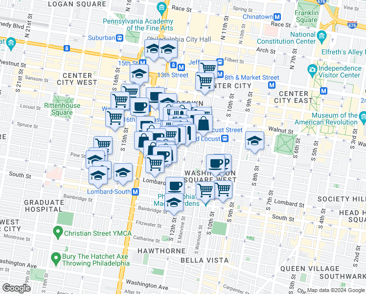 map of restaurants, bars, coffee shops, grocery stores, and more near 1220 Spruce Street in Philadelphia