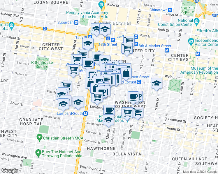 map of restaurants, bars, coffee shops, grocery stores, and more near 1220 Spruce Street in Philadelphia