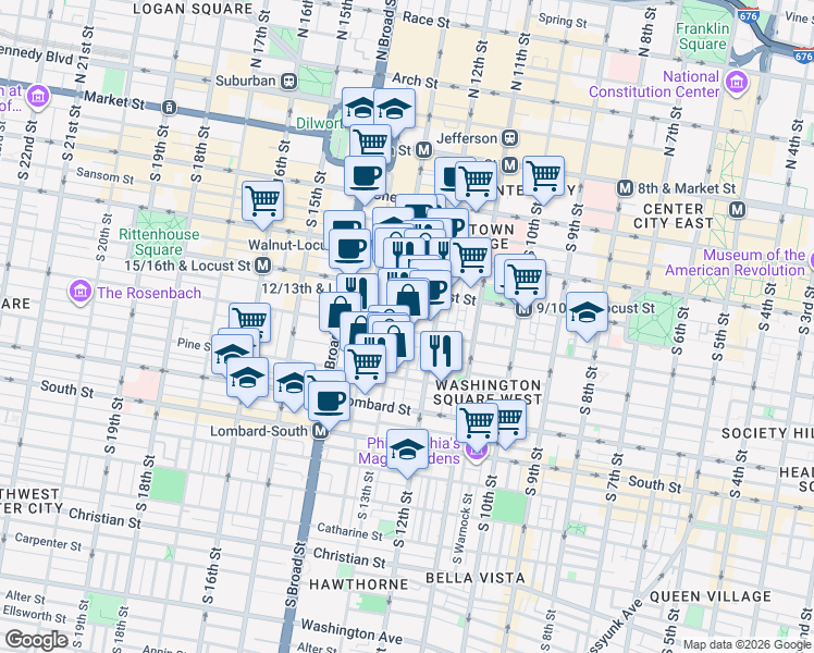 map of restaurants, bars, coffee shops, grocery stores, and more near in Philadelphia